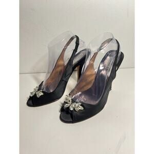 Badgley Mischka Black Satin Slingback 4.5" Heel Rhinestone Adorned Pump Shoe 8.5